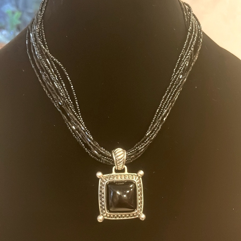 Vintage PD Crown Marked Silver Black Micro beaded Layered Necklace With Pendant
